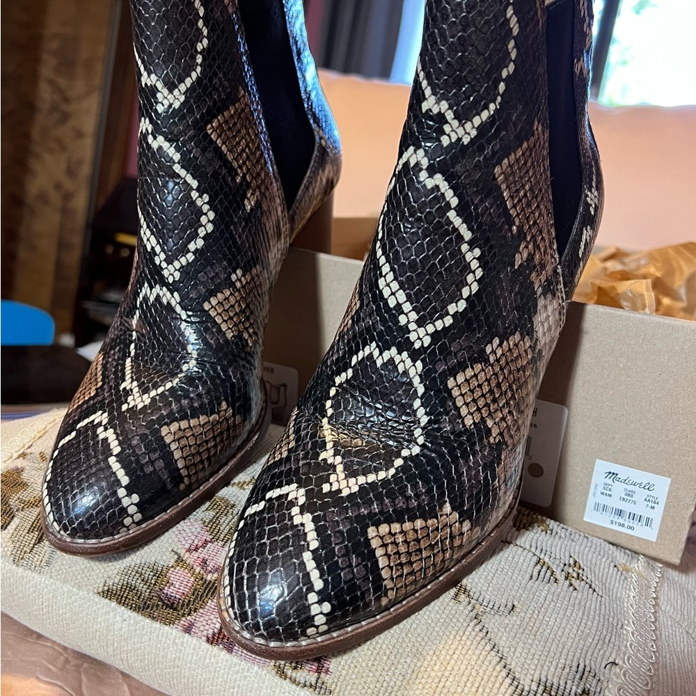 Madewelll The Regan snake print leather boot.  Size 7, warm ash multi color.